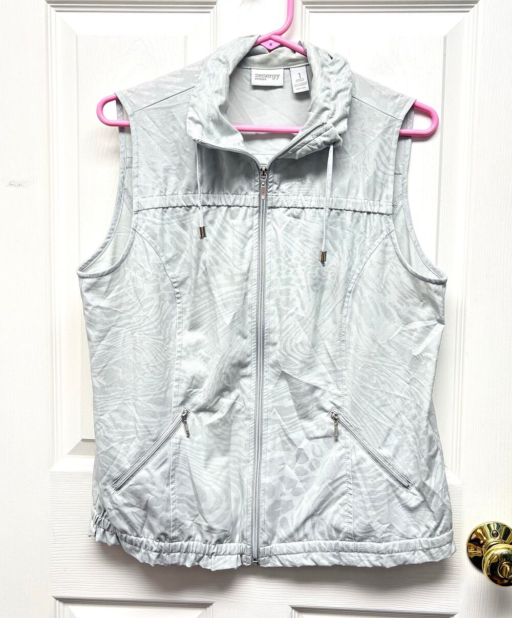 Zenergy by Chico’s Silver Gray Vest Zip Pockets Drawstring Collar Women’s Size S